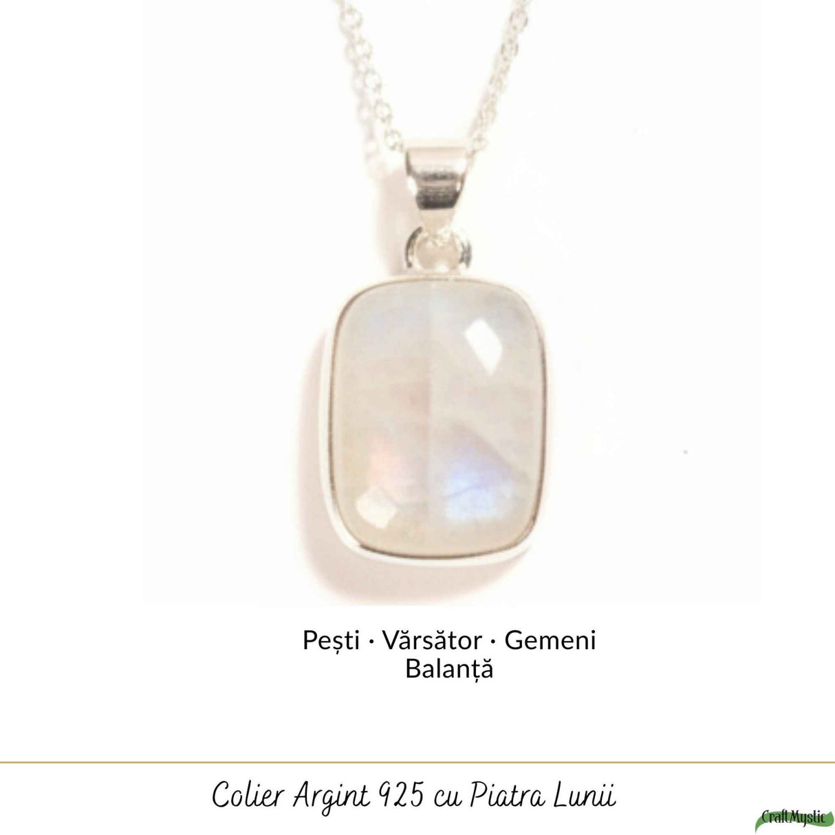 Colier Argint 925 cu Piatra Lunii Dreptunghi – Intuitie si Echilibru Emotional