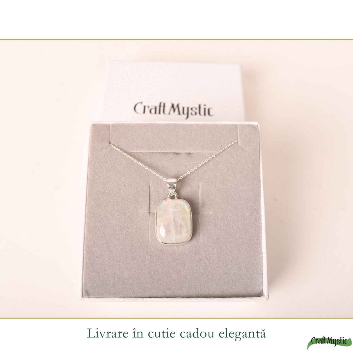 Colier Argint 925 cu Piatra Lunii Dreptunghi – Intuitie si Echilibru Emotional