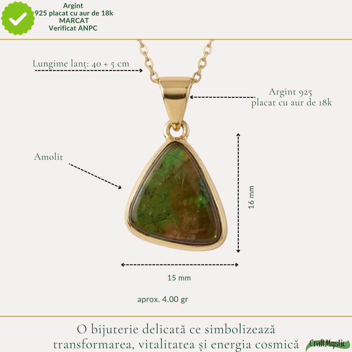 Colier Argint 925 Placat Aur 18K cu Amolit Natural Triunghi – Energie si Prosperitate