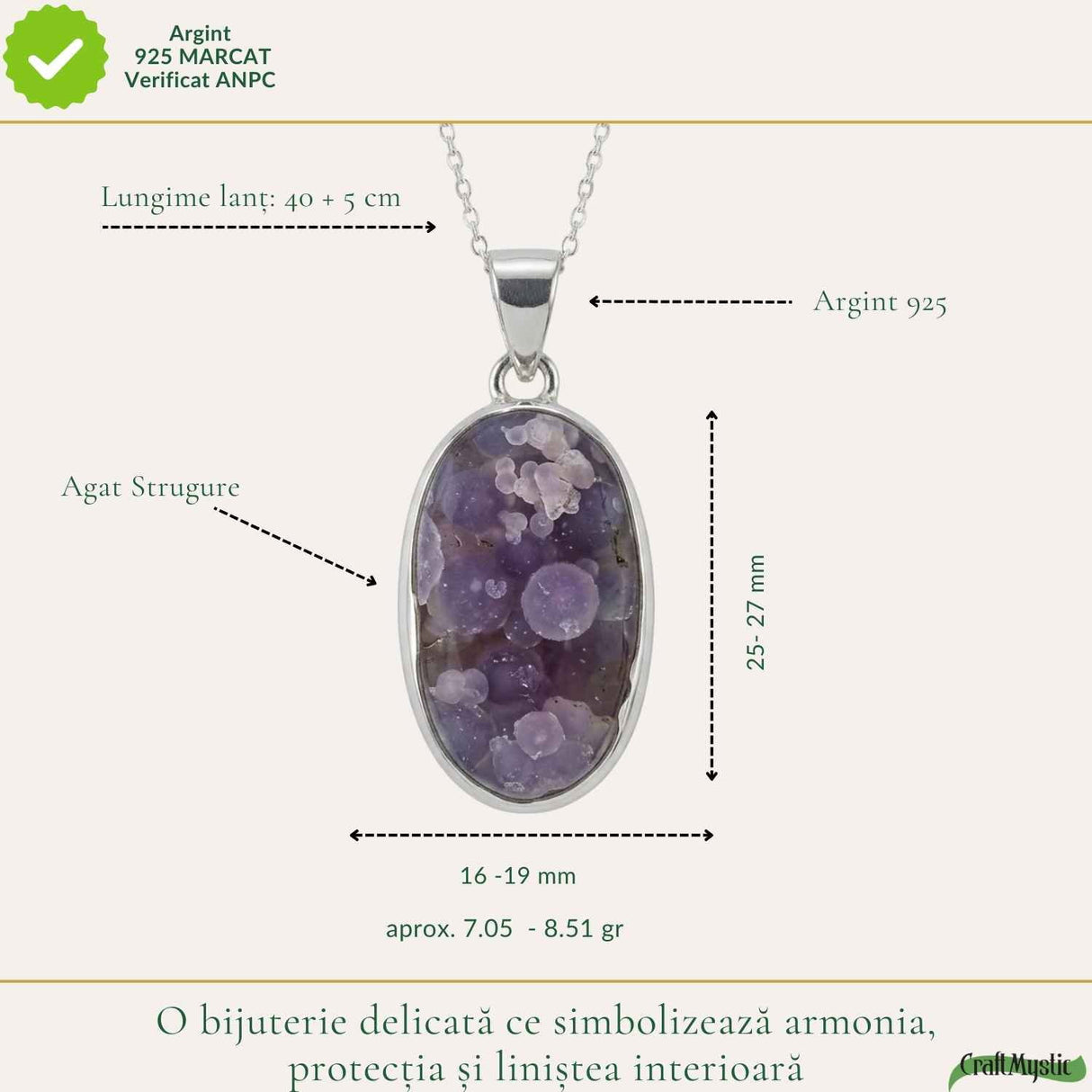 Colier Argint 925 cu Agat Strugure Natural Oval – Calm, Intuiție si Echilibru