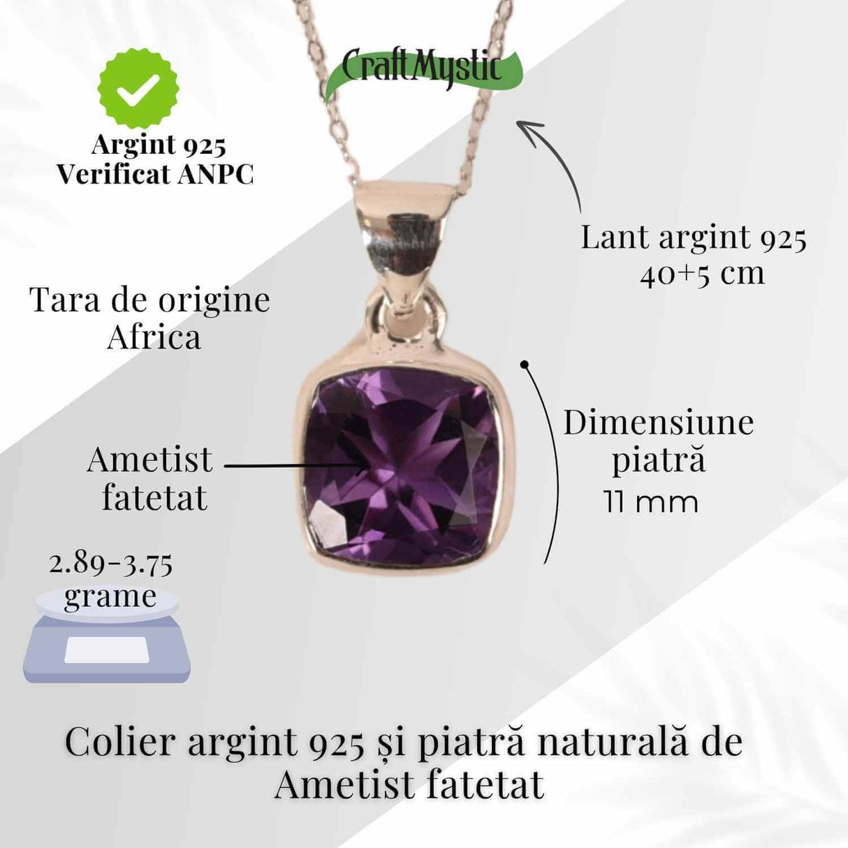 Colier Argint 925 cu Ametist Fatetat - Claritate, Protectie si Liniste Interioara