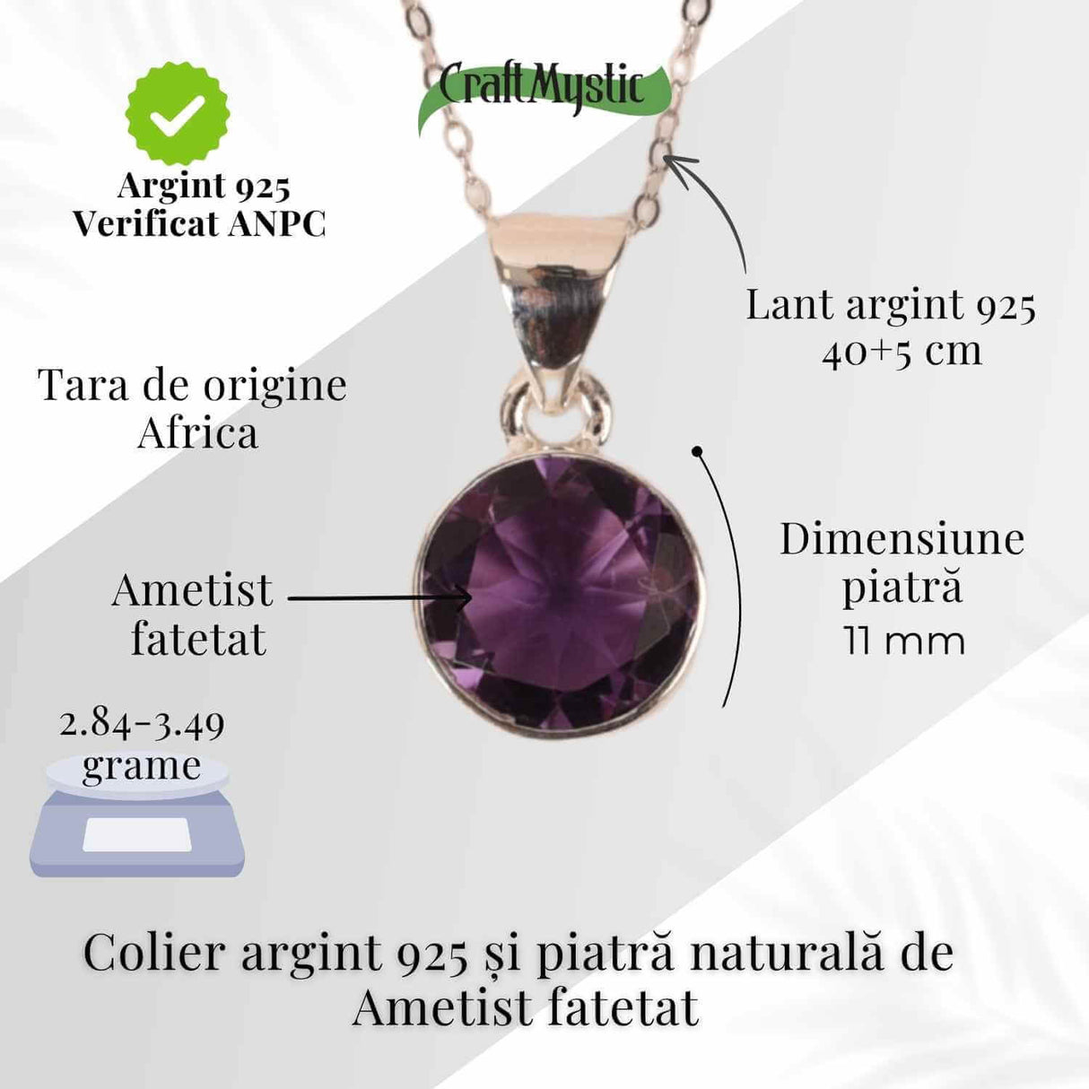 Colier Argint 925 cu Ametist Fatetat Rotund - Claritate Mentala si Protectie Spirituala