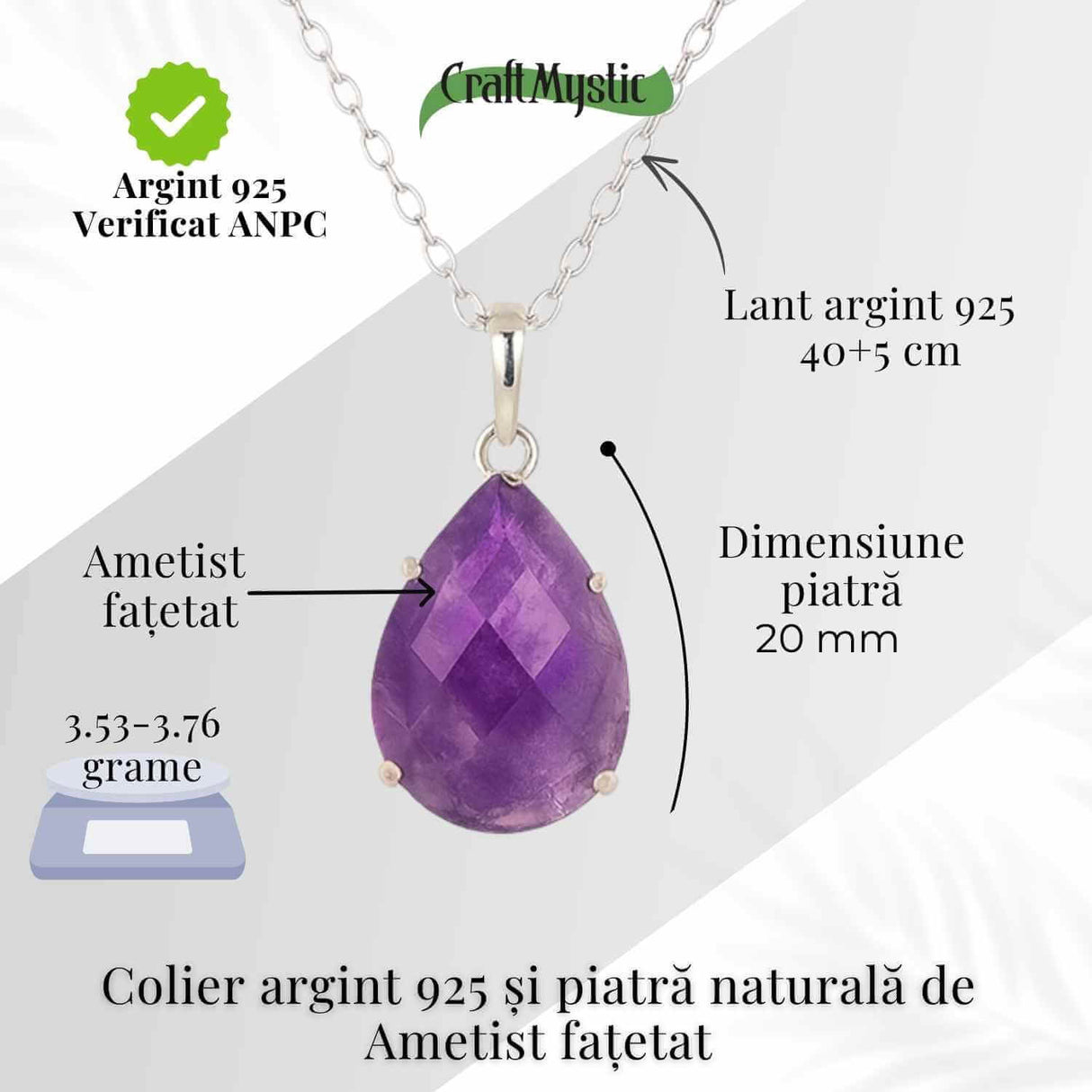 Colier Argint 925 cu Ametist Lacrima fatetat- Claritate, Protectie si Liniste Spirituala