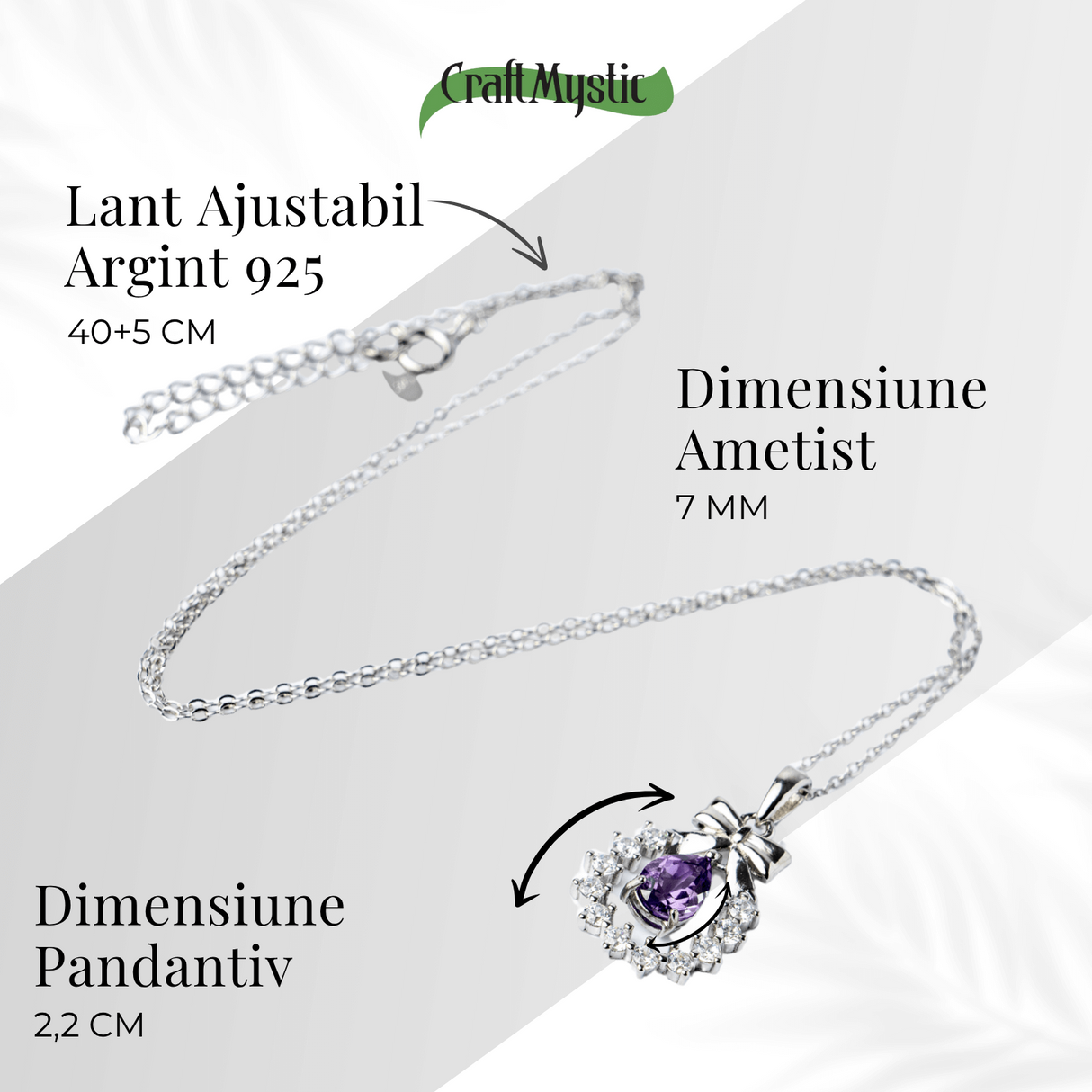 Colier Argint 925 cu Ametist Natural si Zirconiu - Pandantiv Ghirlanda cu Fundita, Simbol al Linistii Interioare si Protectiei Energetice