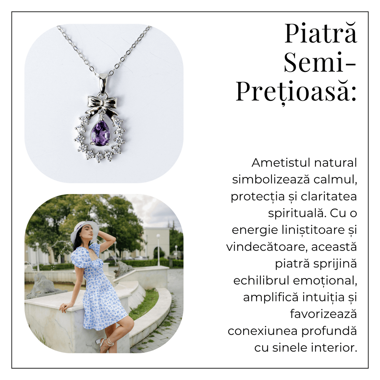 Colier Argint 925 cu Ametist Natural si Zirconiu - Pandantiv Ghirlanda cu Fundita, Simbol al Linistii Interioare si Protectiei Energetice