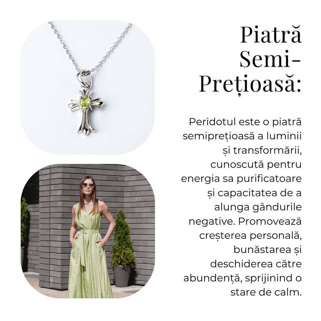 Colier Argint 925 cu Peridot Natural in Forma de Cruce - Armonie Interioara si Protectie Divina