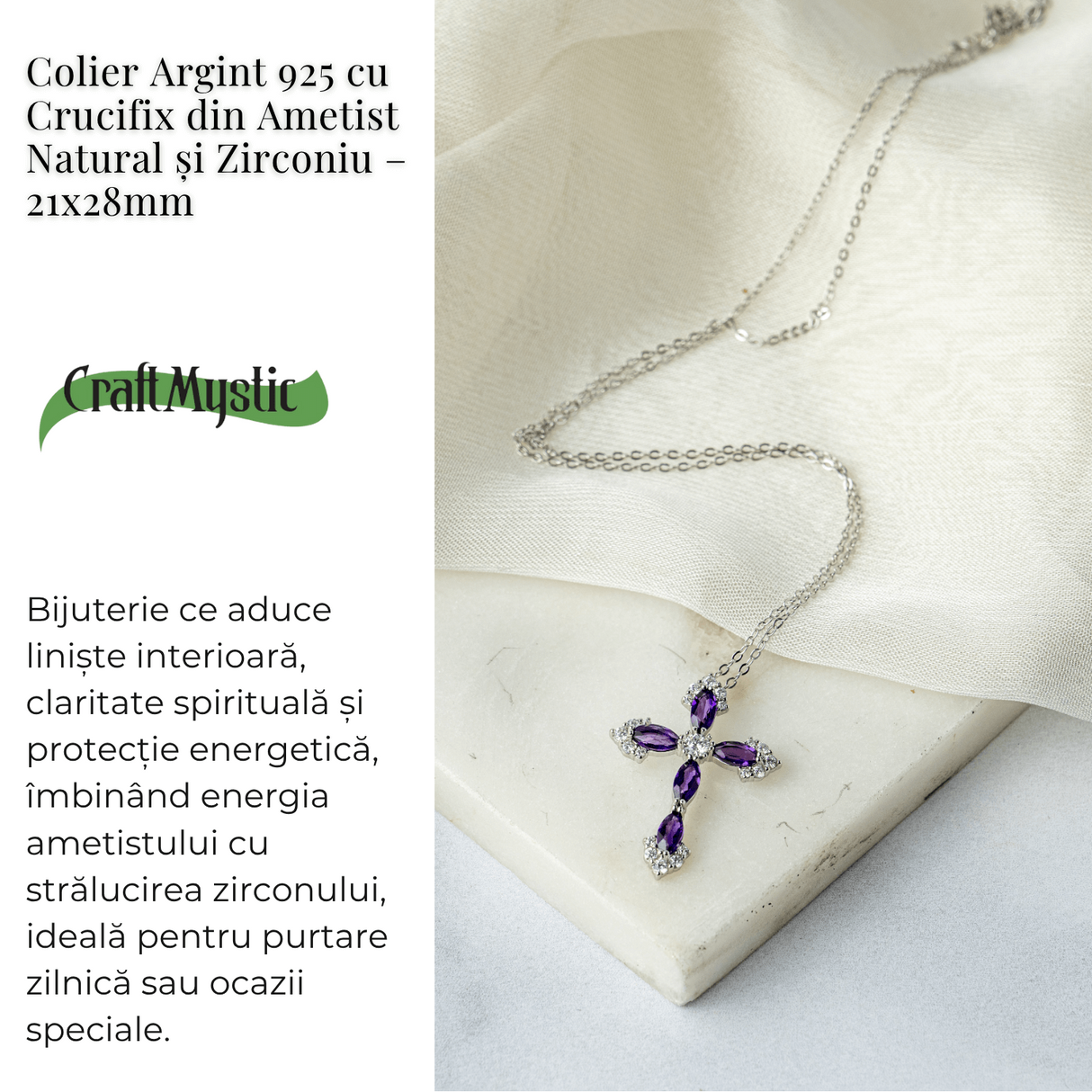 Colier Argint 925 cu Crucifix din Ametist Natural si Zirconiu - Simbol al Linistii Interioare si Protectiei Spirituale
