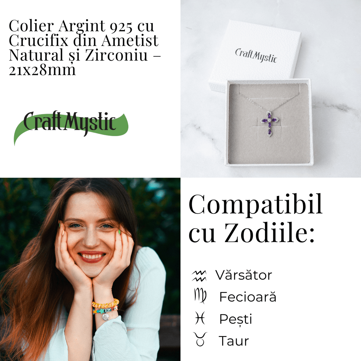 Colier Argint 925 cu Crucifix din Ametist Natural si Zirconiu - Simbol al Linistii Interioare si Protectiei Spirituale