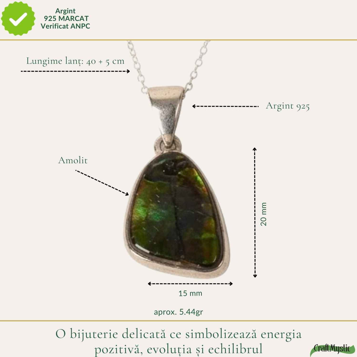 Colier Argint 925 cu Amolit Natural Neregulat – Prosperitate, Energie si Transformare
