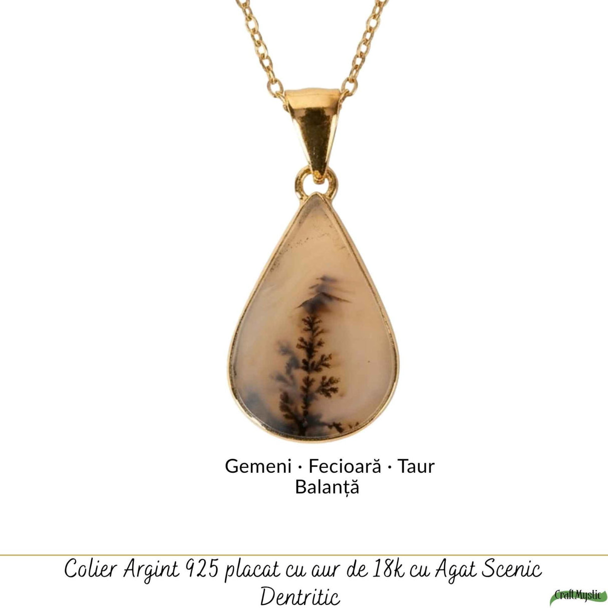 Colier Argint 925 Placat Aur 18K cu Agat Scenic Dendritic Natural – Echilibru si Conexiune cu Natura