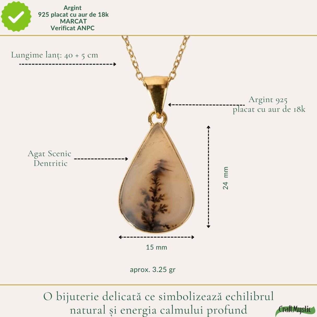Colier Argint 925 Placat Aur 18K cu Agat Scenic Dendritic Natural – Echilibru si Conexiune cu Natura