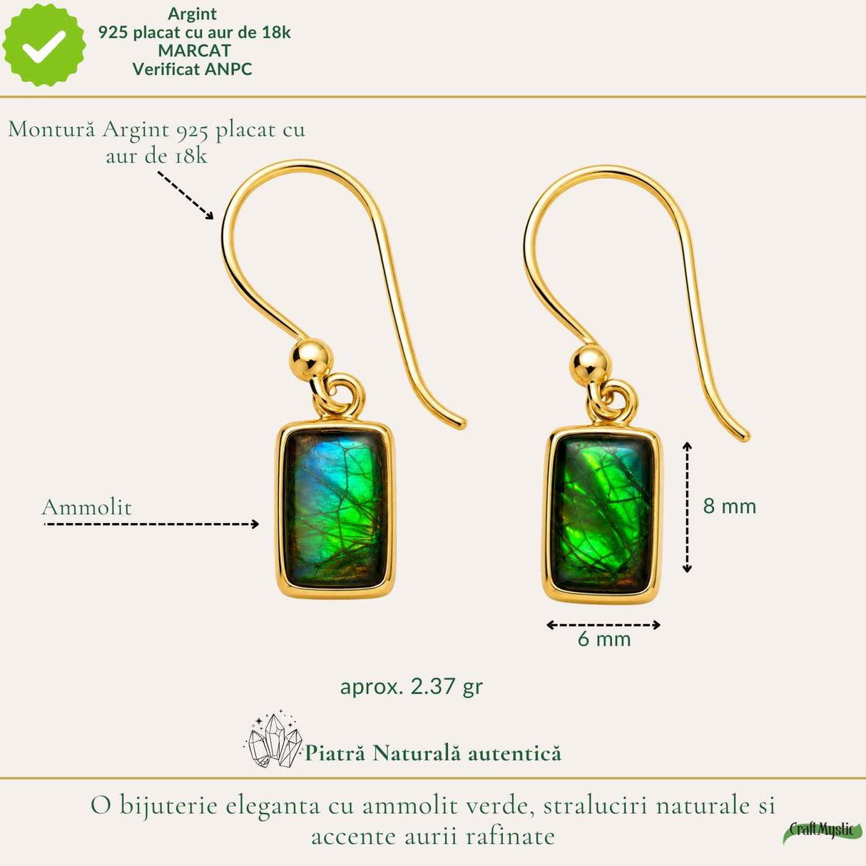 Cercei Argint 925 cu Ammolit Natural Dreptunghiular – Energie si Stralucire Vibranta