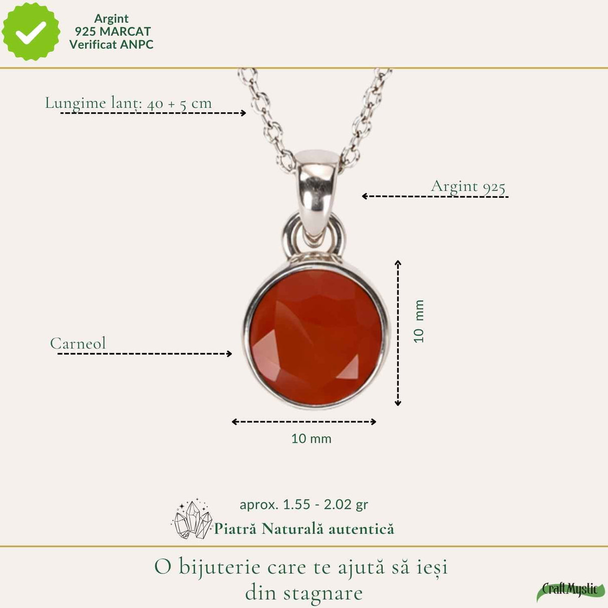 Colier argint 925 cu Carneol fatetat – energie si incredere zilnica