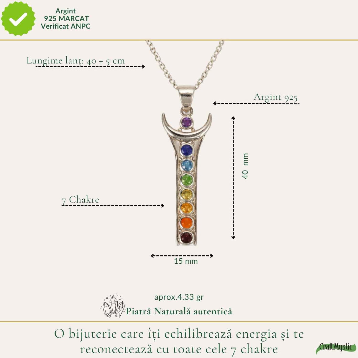 Colier argint 925 cu pietre 7 chakre – echilibru si armonie energetica