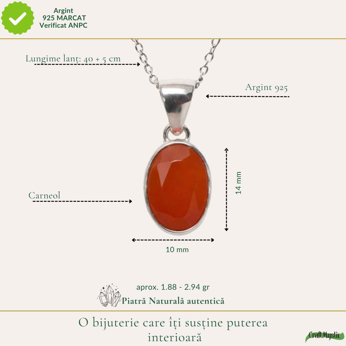 Colier argint 925 cu Carneol fatetat – energie si incredere feminina