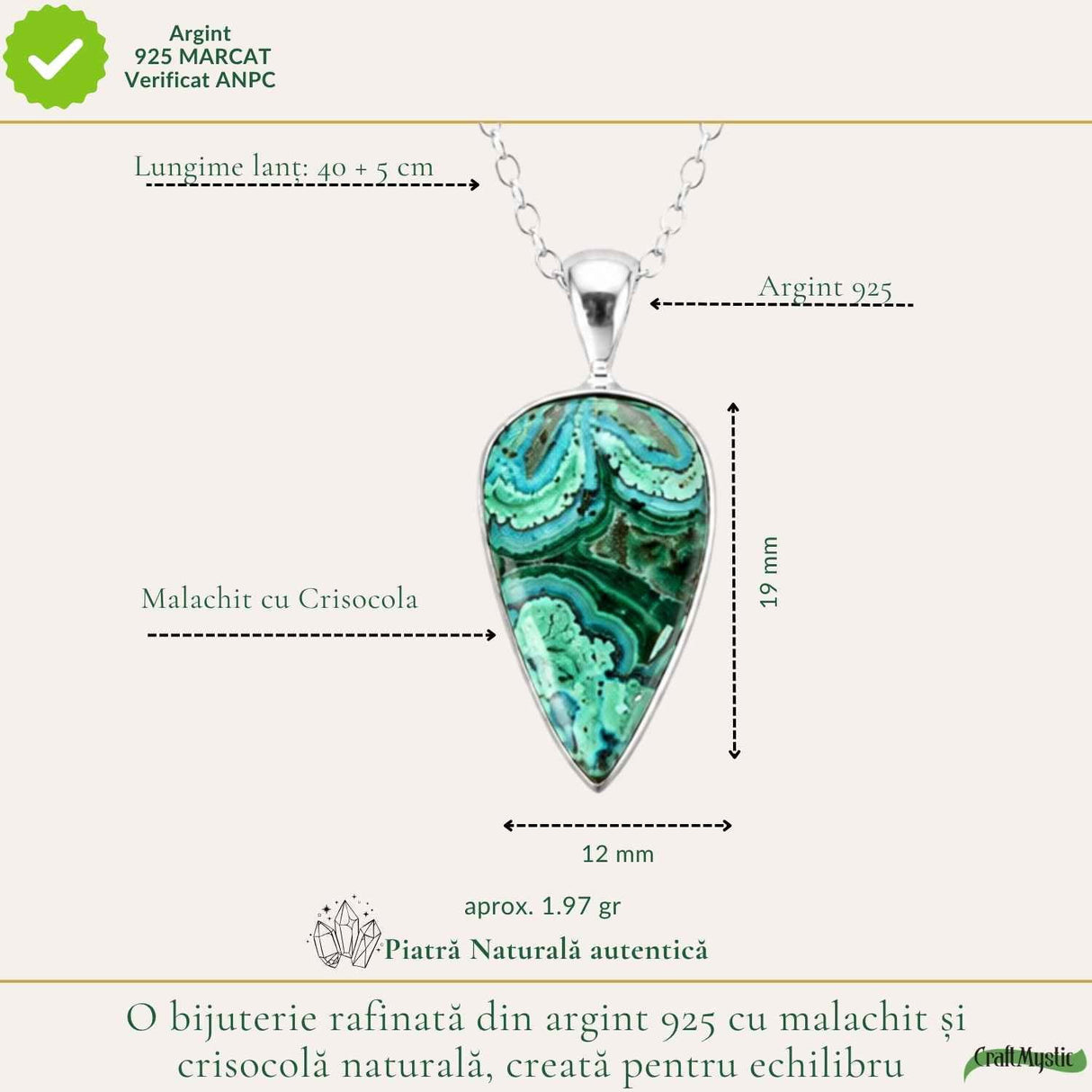 Colier Argint 925 cu Malachit si Crisocola Lacrima – Protectie si Armonie