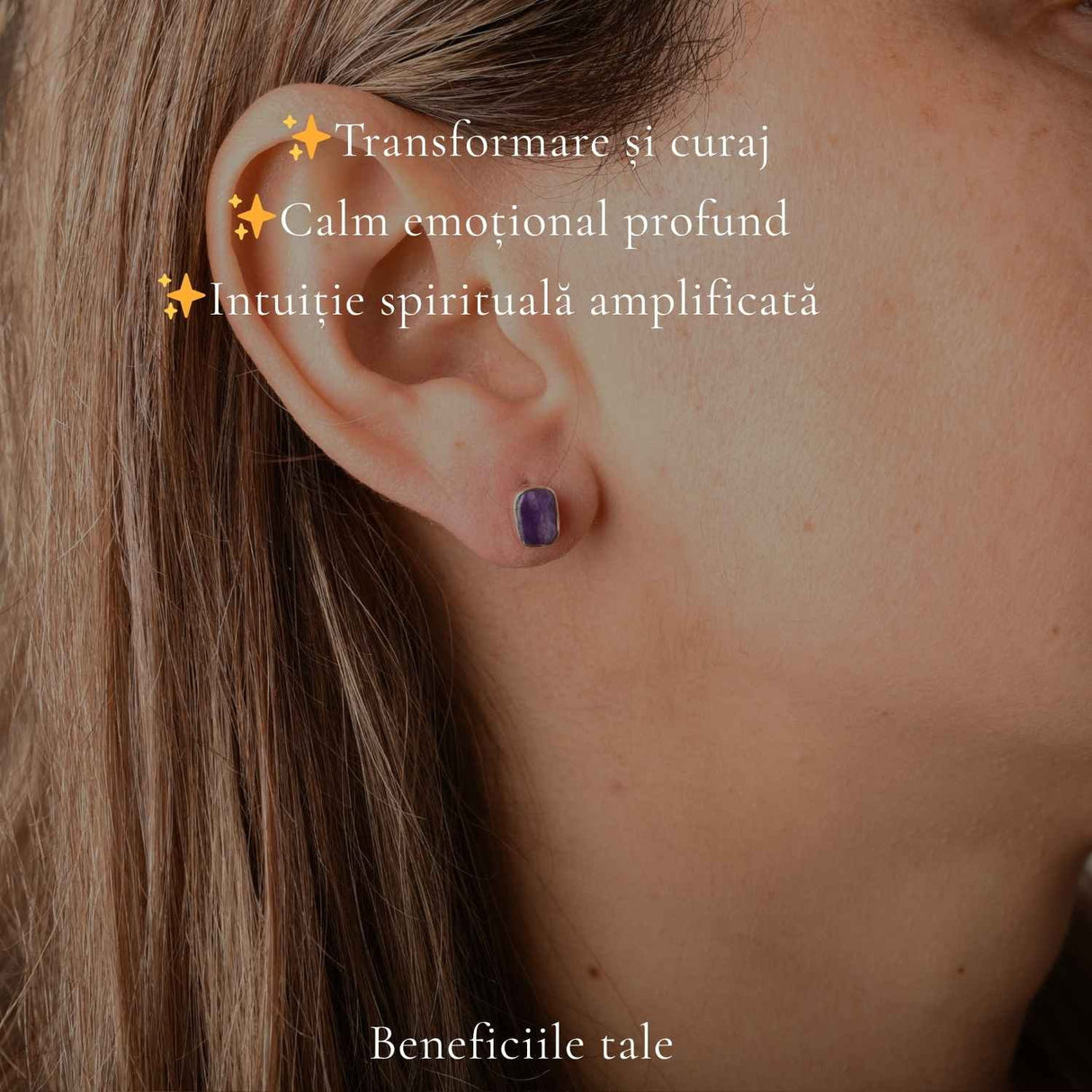 Cercei Argint 925 cu Charoite Natural Dreptunghiular – Intuitie si Eleganta
