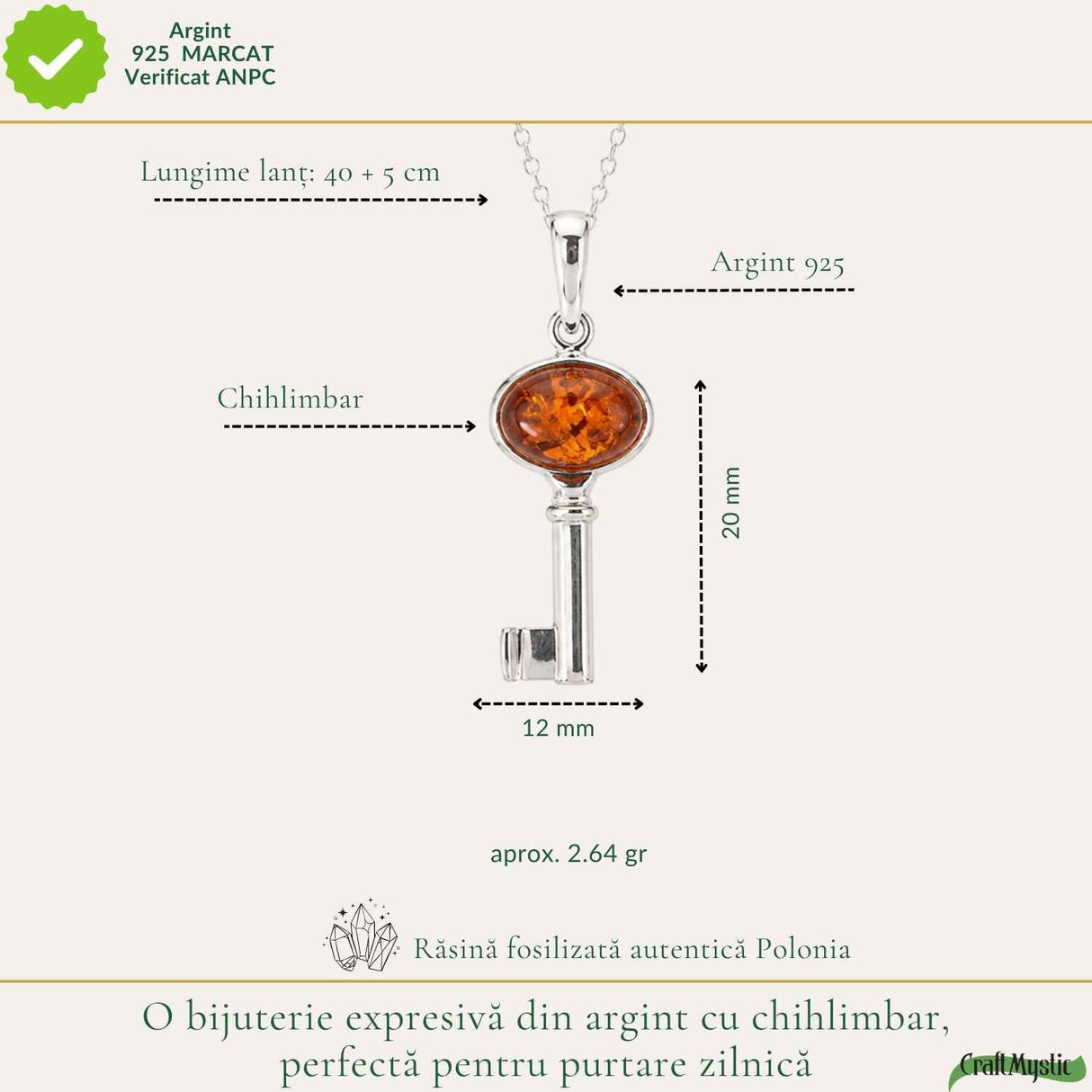 Colier Argint 925 cu Chihlimbar Cheie – Energie Pozitiva si Noi Inceputuri