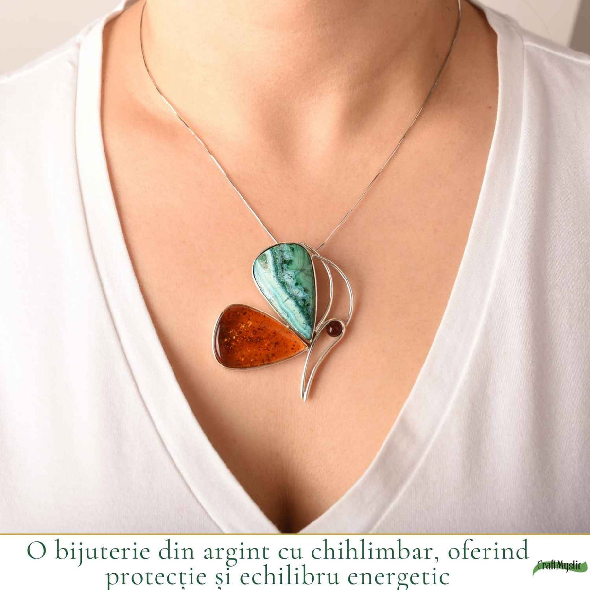 Colier Argint 925 Fluture cu Chihlimbar si Malachit cu Crisocola – Echilibru si Protectie