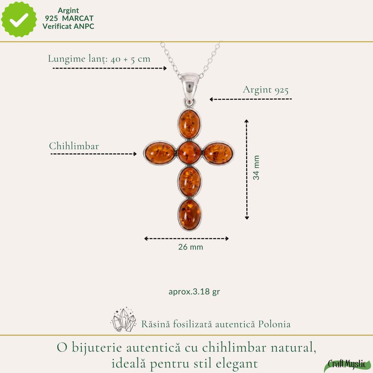 Colier Argint 925 cu Chihlimbar Cruce – Protectie si Energie Pozitiva