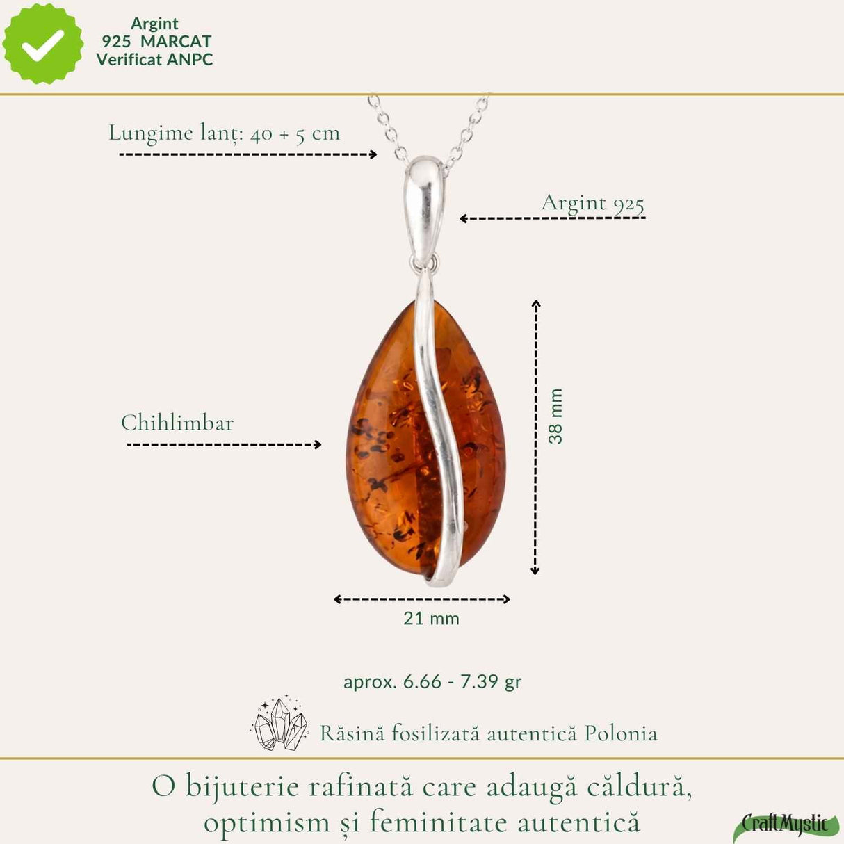 Colier Argint 925 cu Chihlimbar Lacrima – Protectie, Caldura si Eleganta Naturala