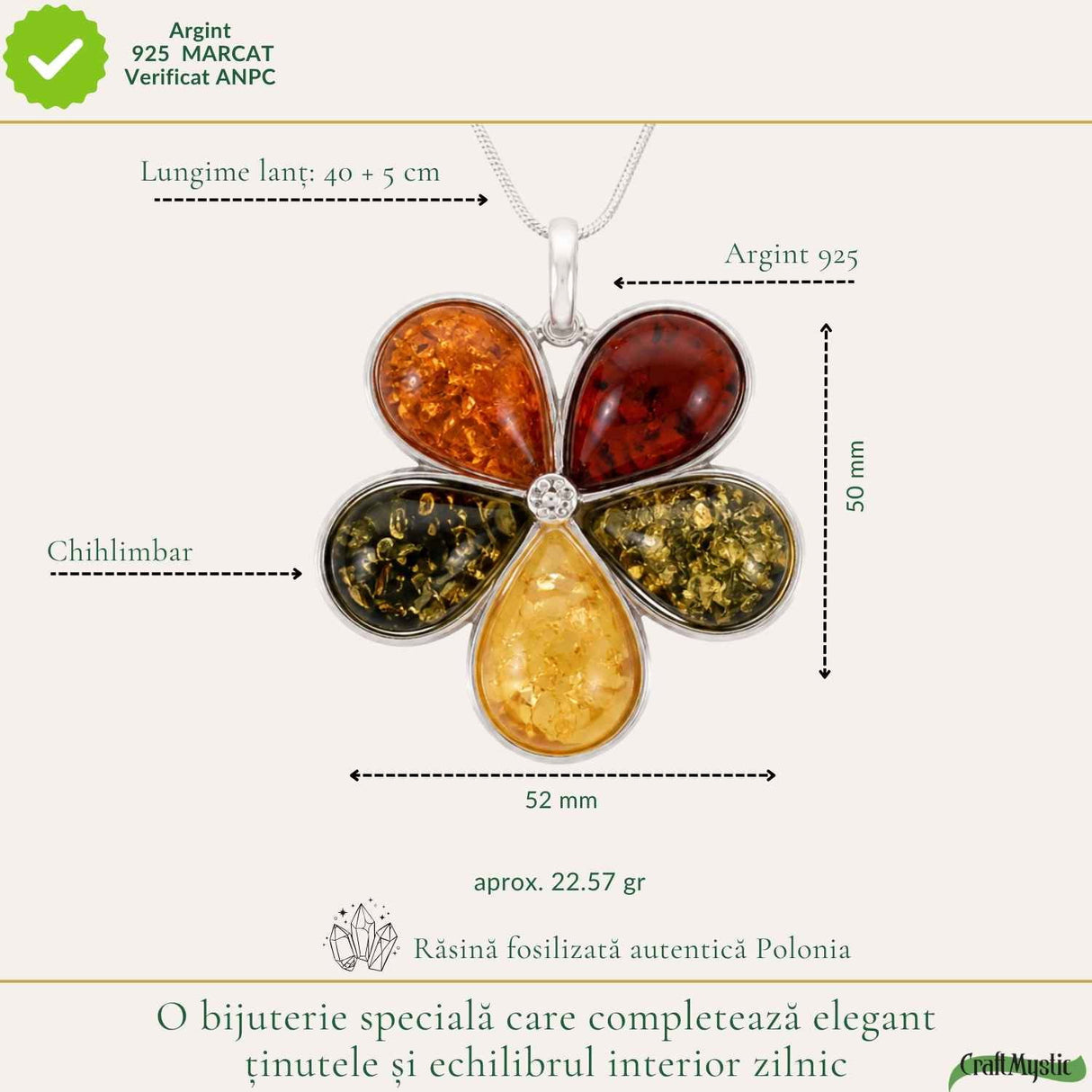 Colier Argint 925 cu Chihlimbar Floare – Feminitate si Energie Solara