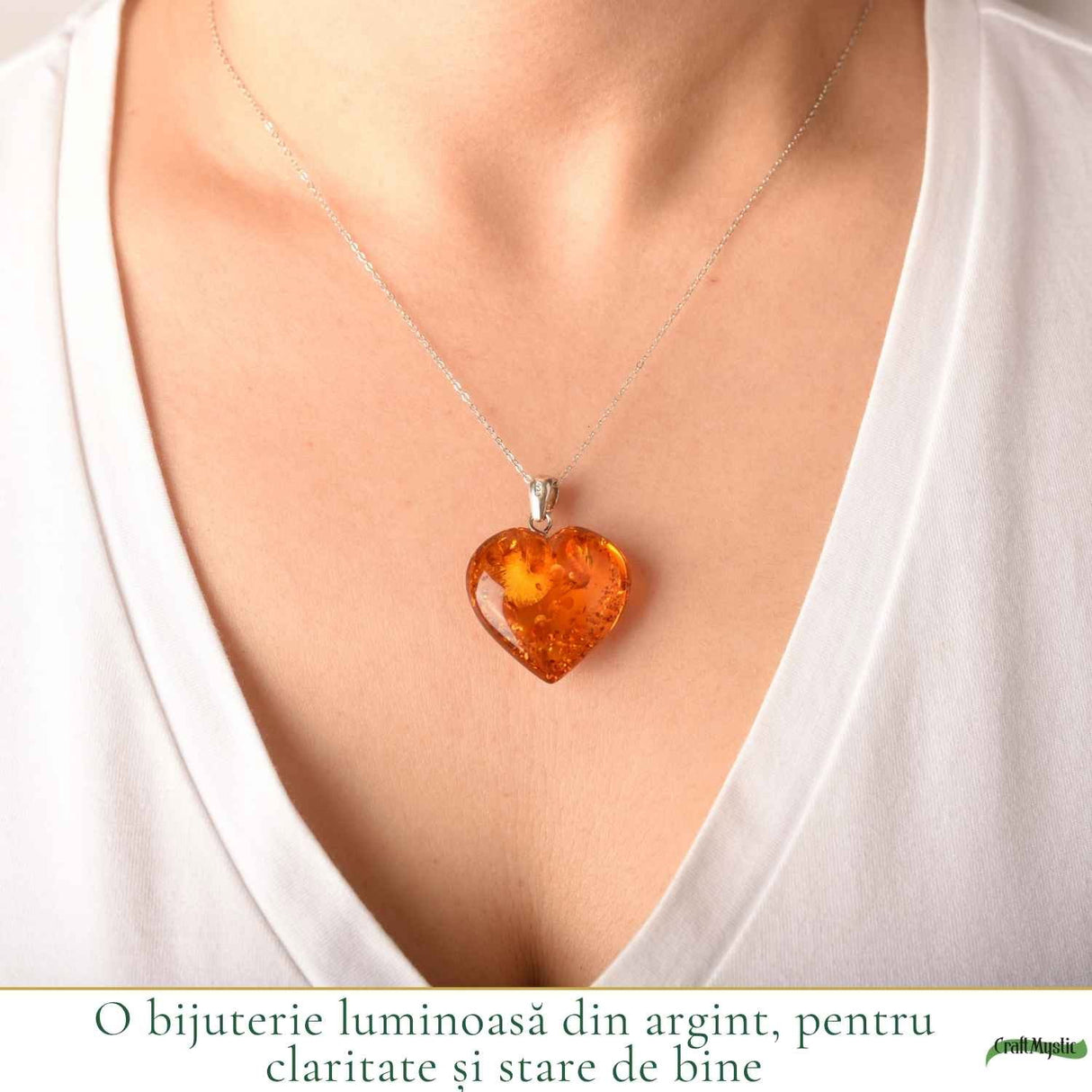 Colier Argint 925 cu Chihlimbar Inima – Iubire, Caldura si Feminitate