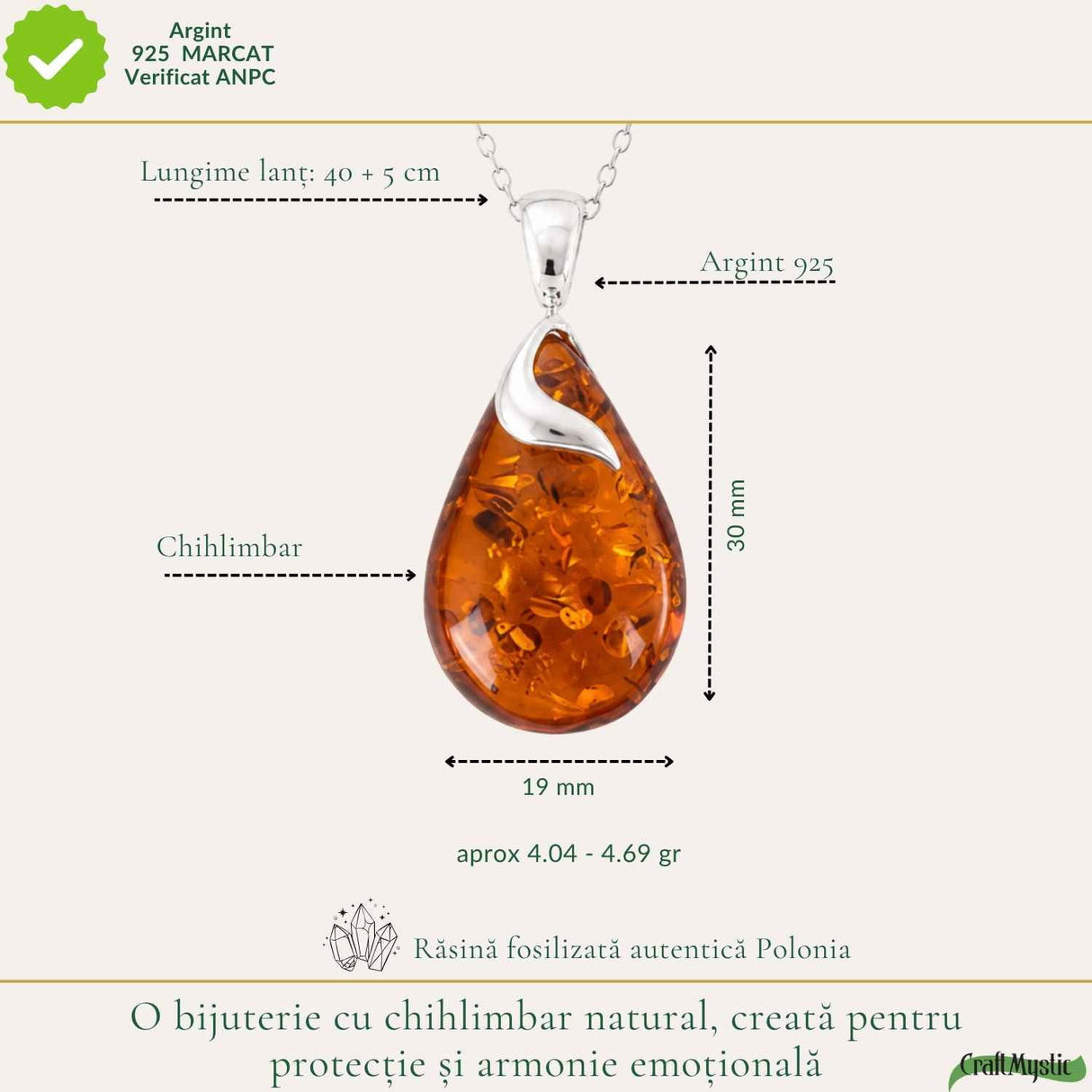 Colier Argint 925 cu Chihlimbar Lacrima – Caldura, Protectie si Echilibru