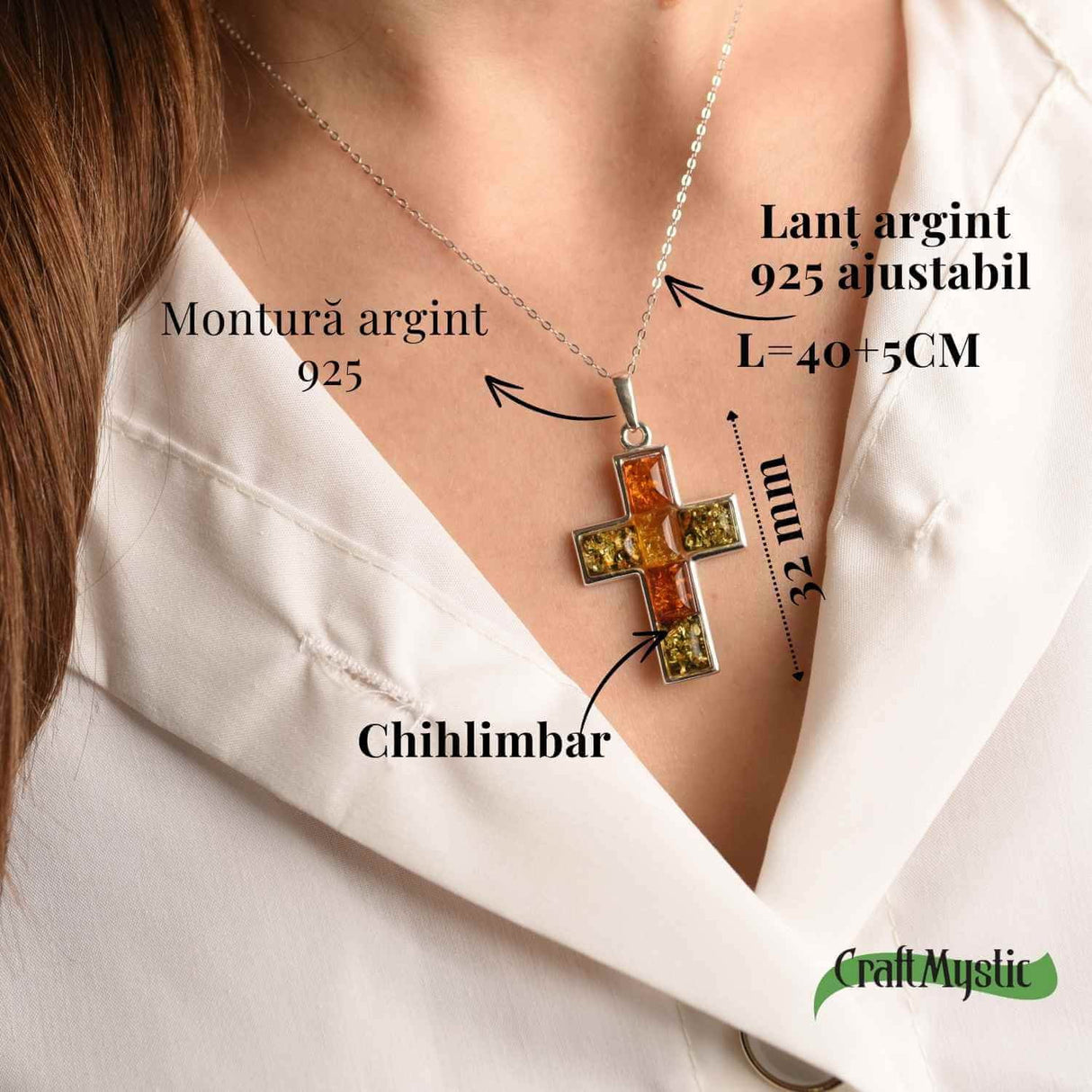 Colier argint 925 cu chihlimbar natural - crucea protectiei