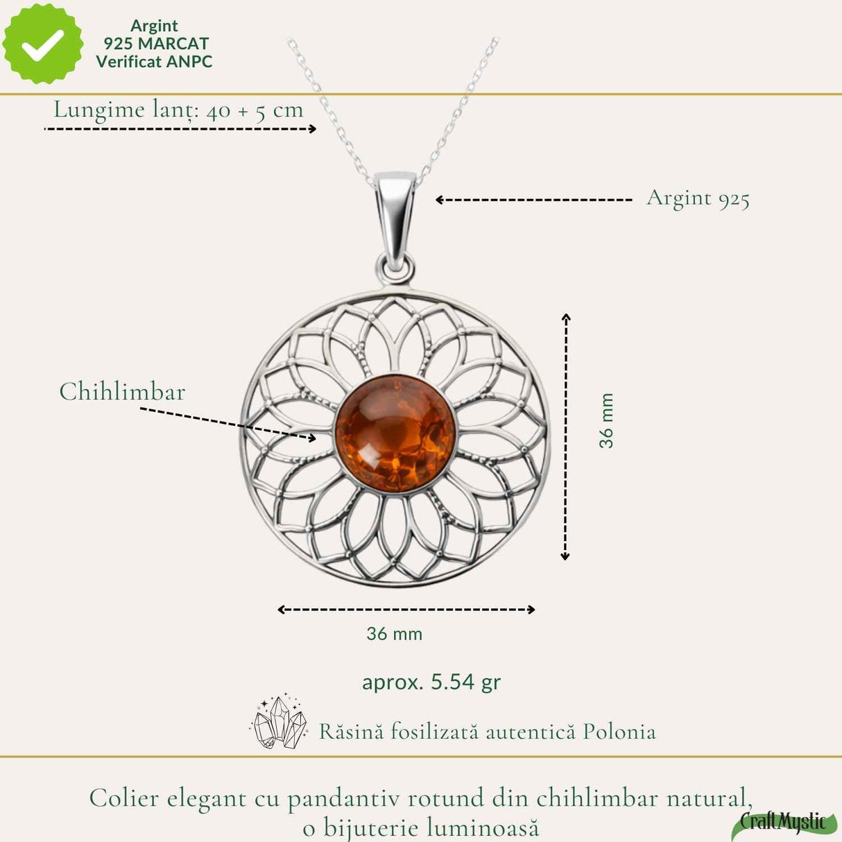 Colier Argint 925 cu Floare Mare din Chihlimbar Natural - Energie Calda si Feminitate