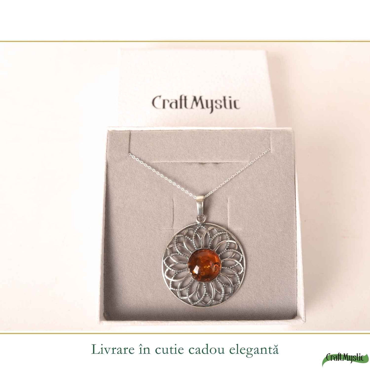 Colier Argint 925 cu Floare Mare din Chihlimbar Natural - Energie Calda si Feminitate