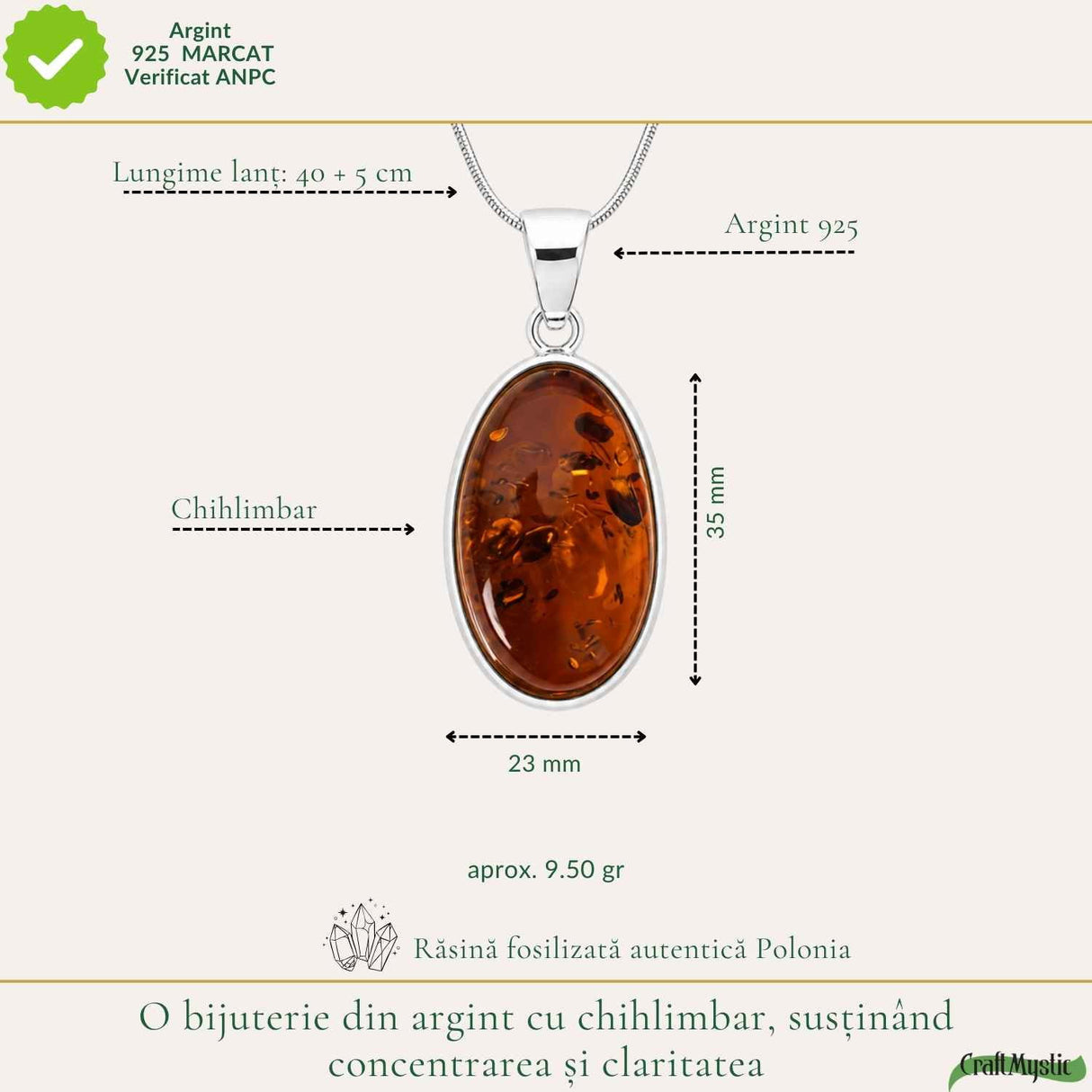 Colier Argint 925 Oval cu Chihlimbar – Armonie si Energie Pozitiva