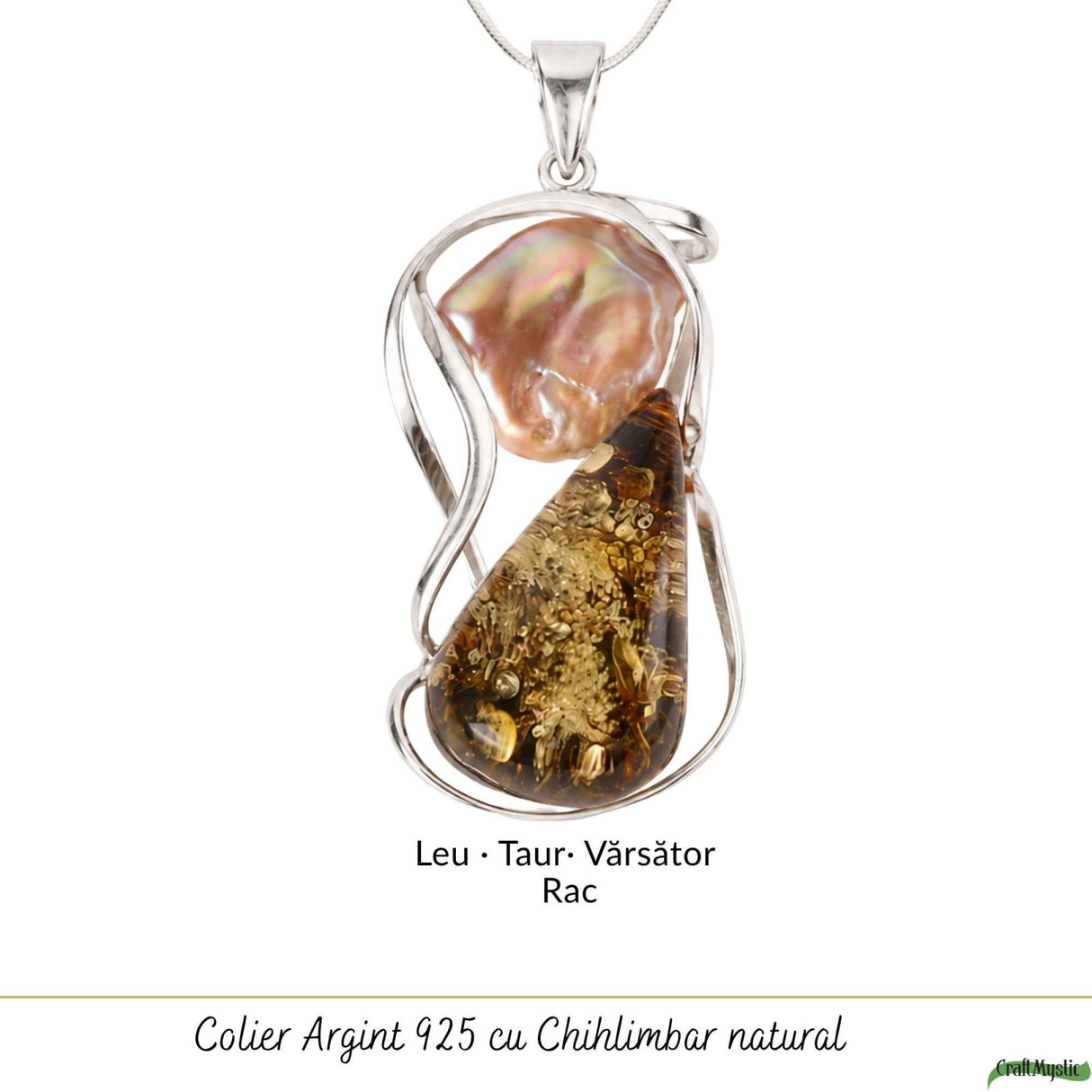 Colier Argint 925 cu Chihlimbar Verde si Perla – Eleganta si Feminitate