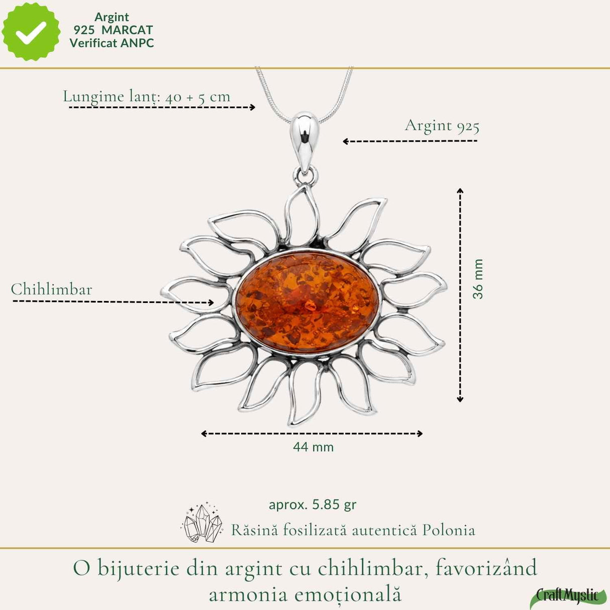 Colier Argint 925 Floare cu Chihlimbar – Energie Pozitiva si Protectie
