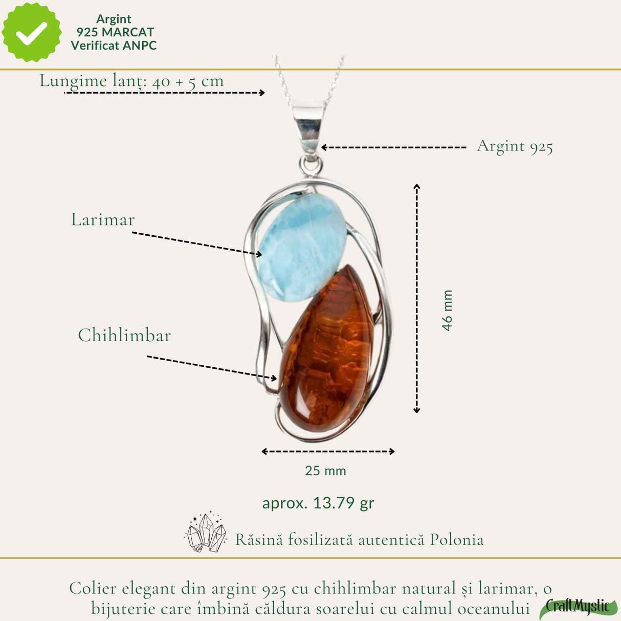 Colier Argint 925 cu Chihlimbar si Larimar Natural - Armonie si Energie Luminoasa