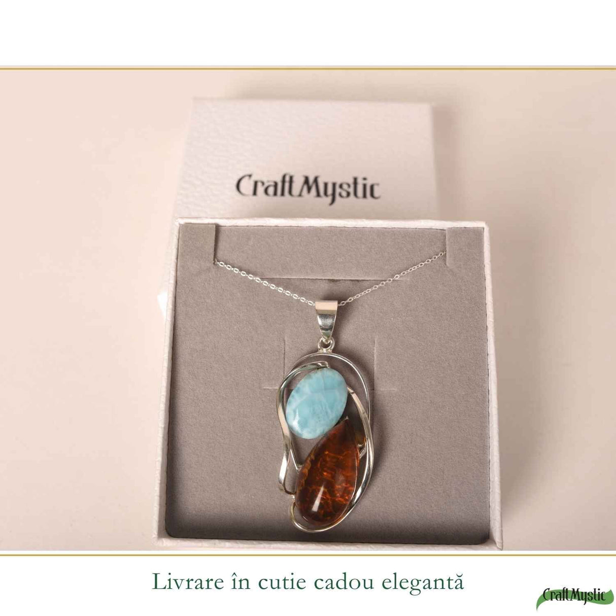 Colier Argint 925 cu Chihlimbar si Larimar Natural - Armonie si Energie Luminoasa
