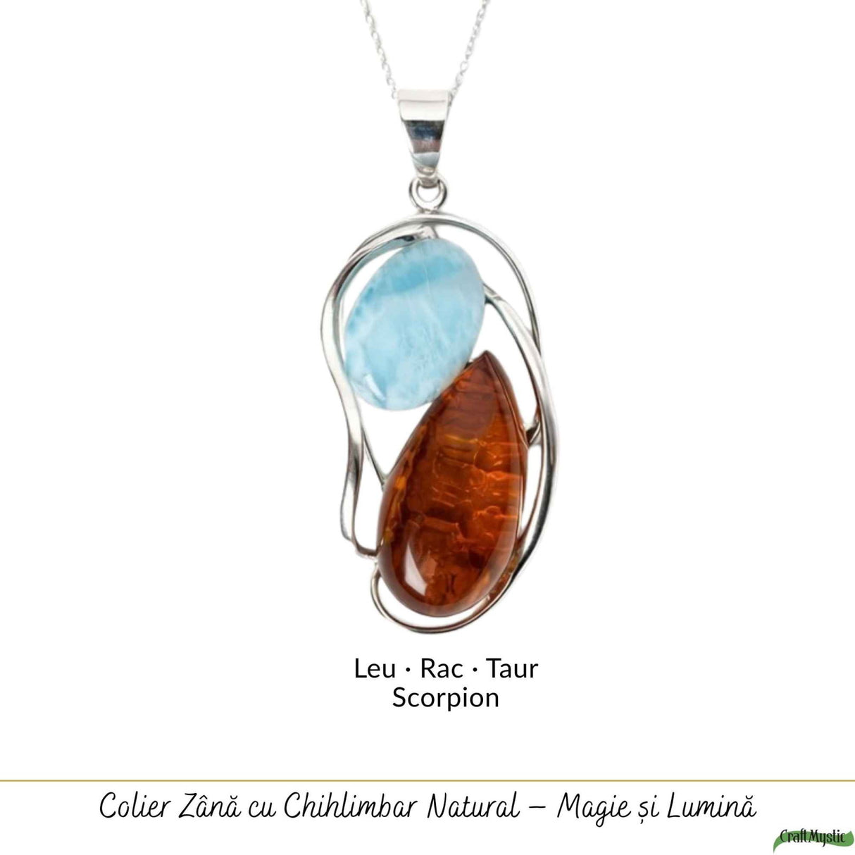 Colier Argint 925 cu Chihlimbar si Larimar Natural - Armonie si Energie Luminoasa