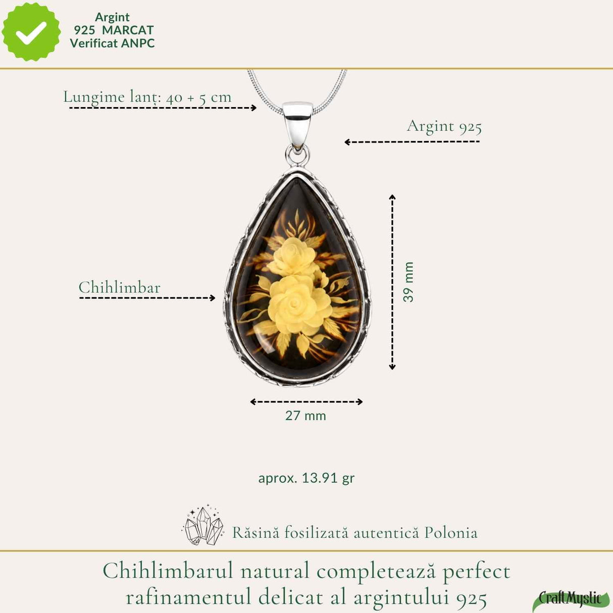 Colier Argint 925 cu Chihlimbar Verde Natural Lacrima – Energie si Eleganta