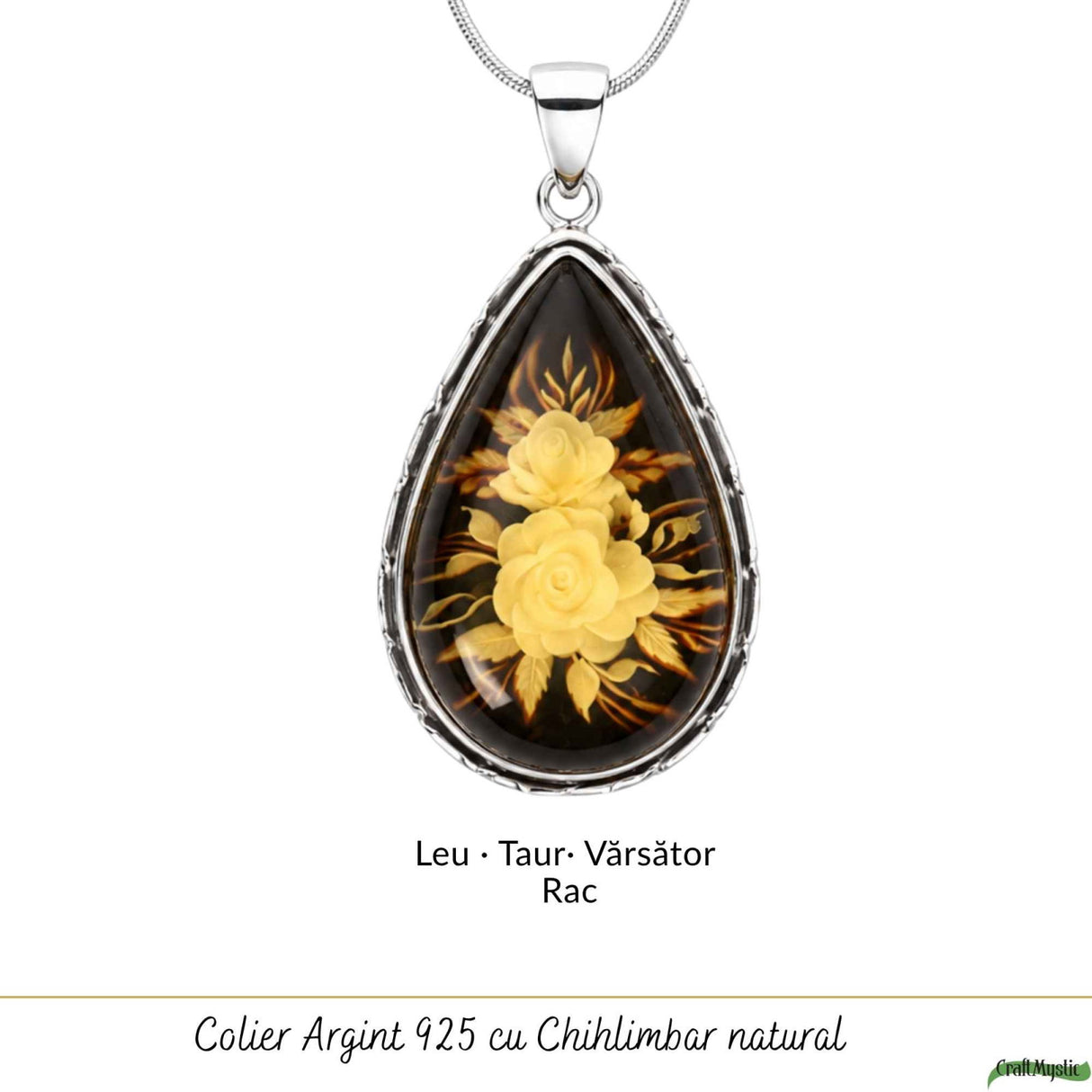 Colier Argint 925 cu Chihlimbar Verde Natural Lacrima – Energie si Eleganta