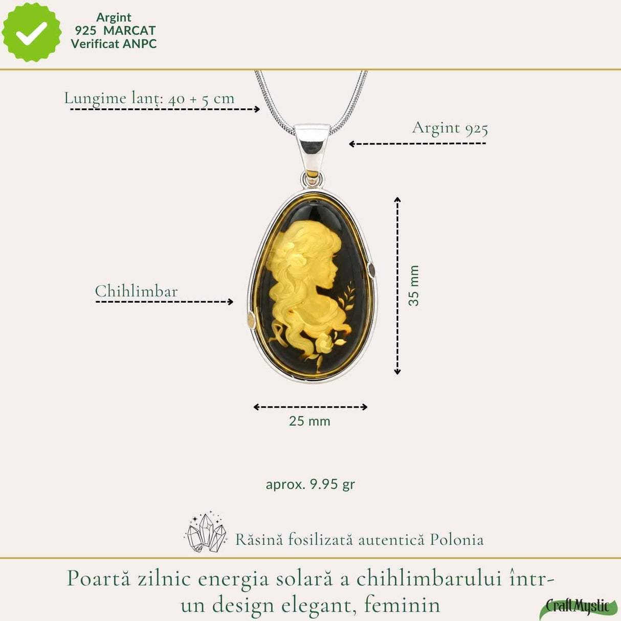 Colier Argint 925 cu Chihlimbar Verde Lacrima Camee Feminina – Eleganțta si Rafinat
