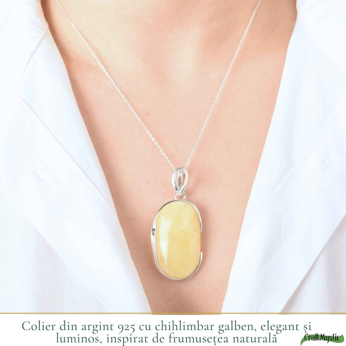 Colier Argint 925 cu Chihlimbar Galben Natural Oval - Energie Solara si Vitalitate