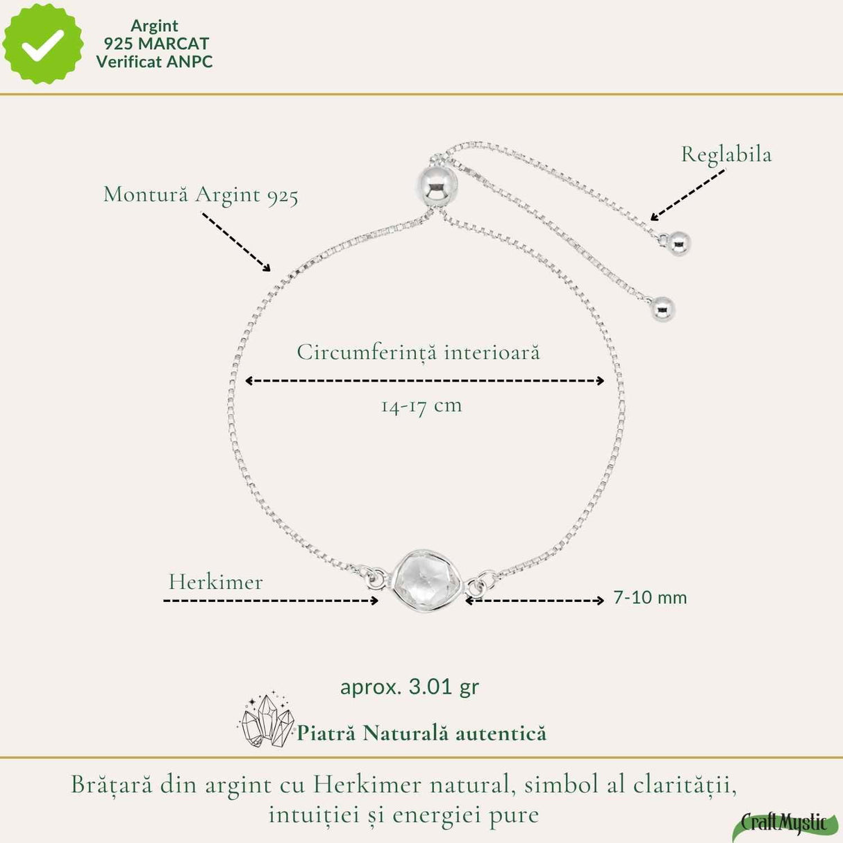 Bratara Argint 925 cu Herkimer Natural Neuniform – Claritate si Intuitie Autentica