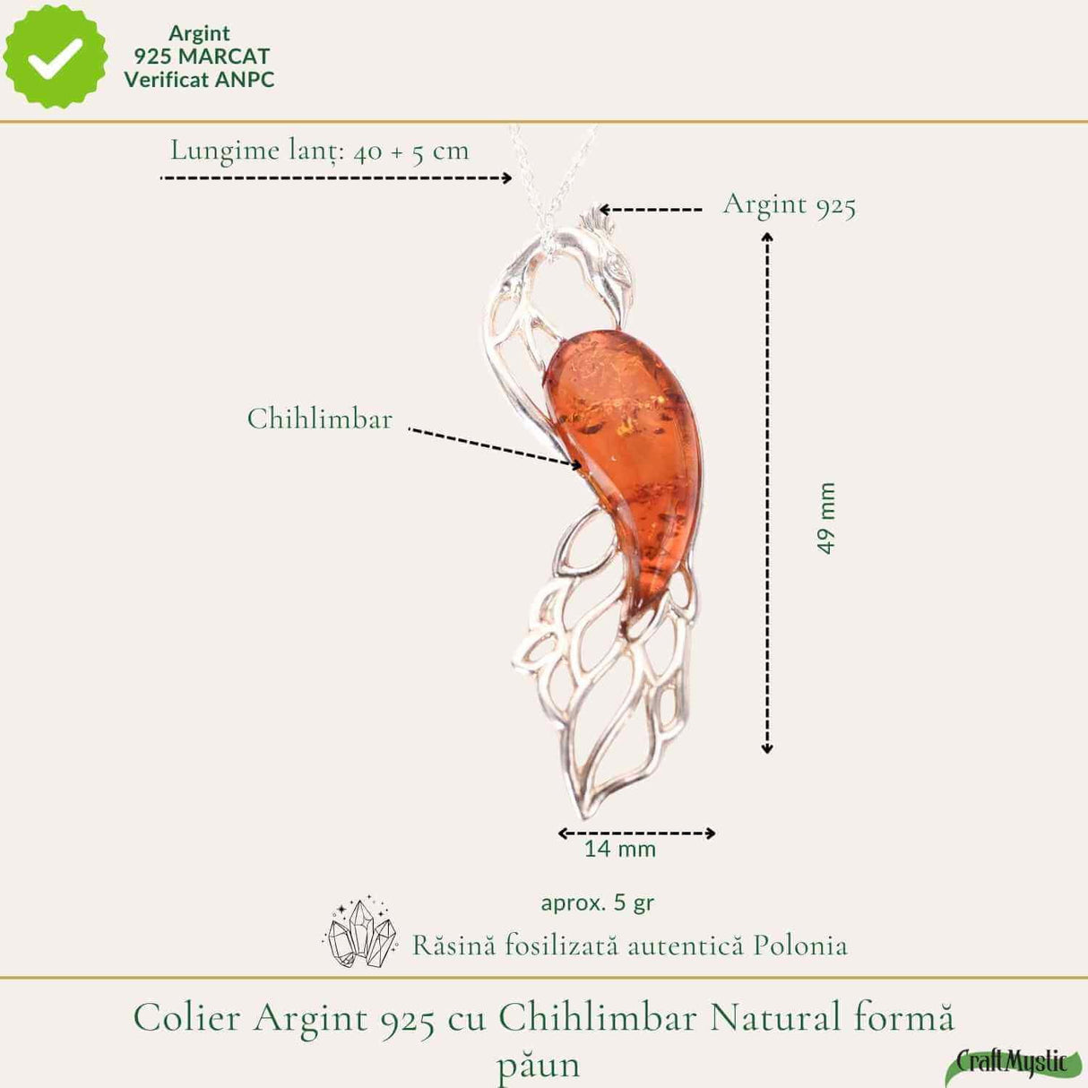 Colier argint 925 cu paun si chihlimbar natural - Energie solara si protectie