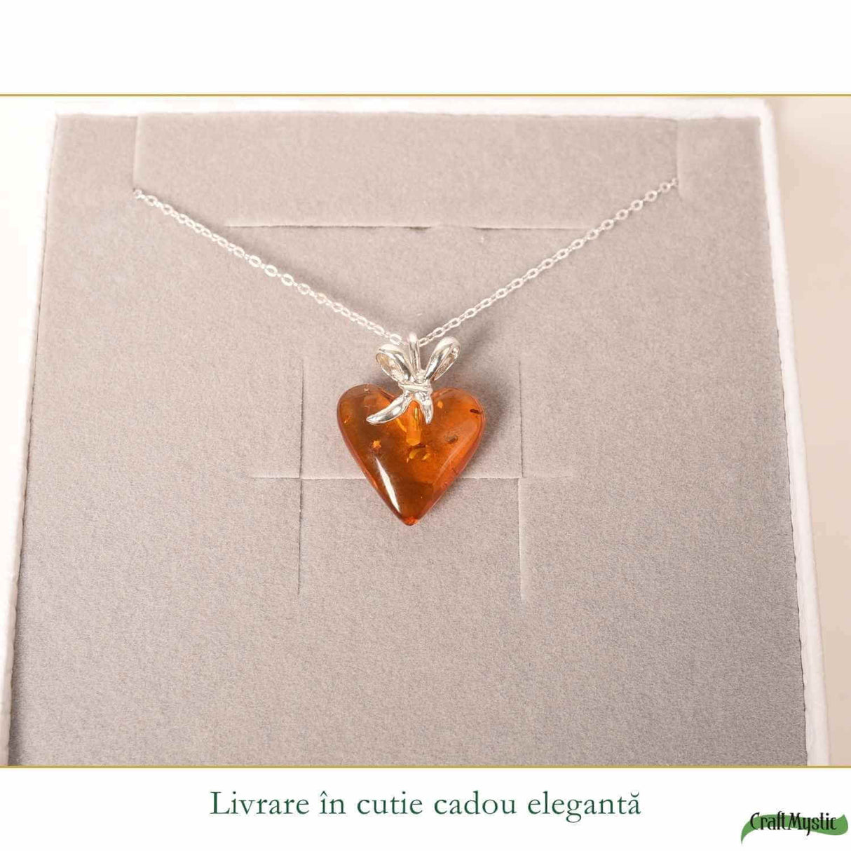 Colier argint 925 cu inima si chihlimbar natural - Energie solara si iubire