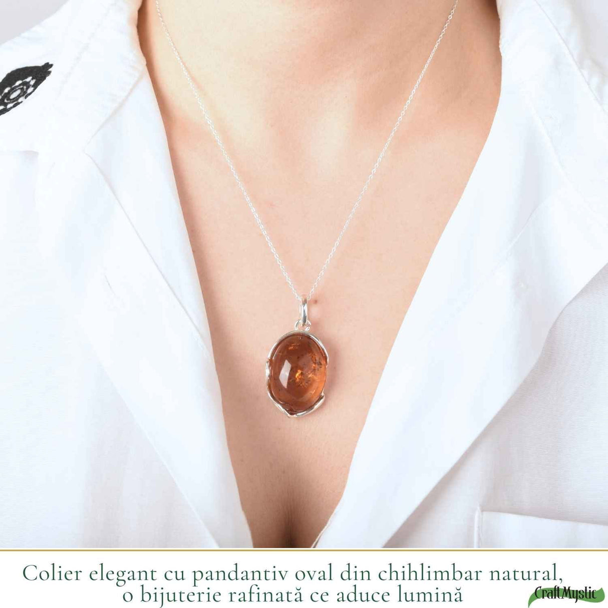 Colier Argint 925 cu Chihlimbar Natural Oval Mare - Energie Calda si Echilibru