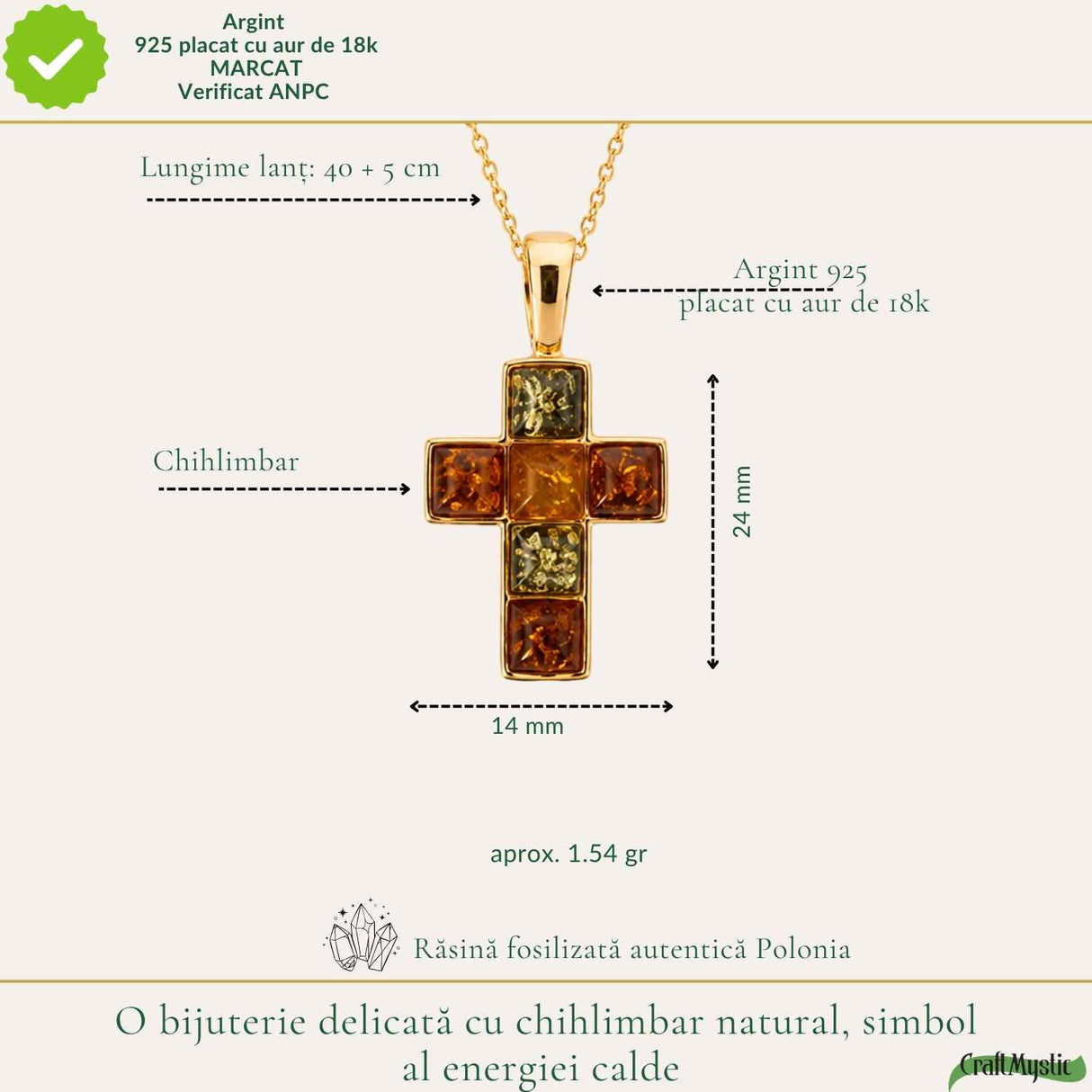 Colier Argint 925 cu Chihlimbar Cruce – Protectie si Energie Calda