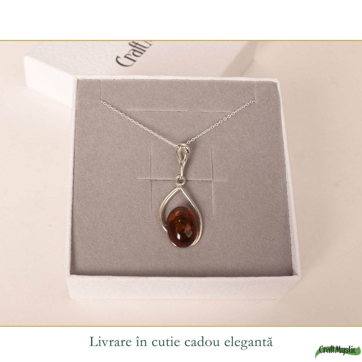 Colier argint 925 forma lacrima si chihlimbar oval natural - Energie solara si protectie