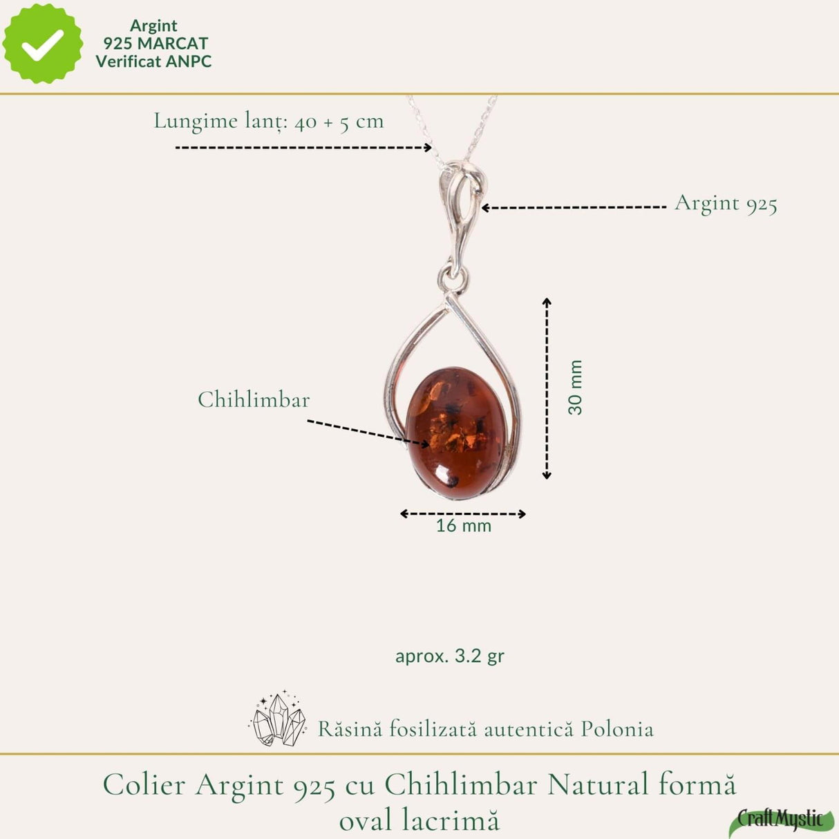 Colier argint 925 forma lacrima si chihlimbar oval natural - Energie solara si protectie