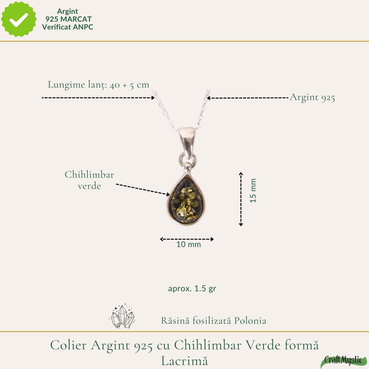 Colier argint 925 cu lacrima si chihlimbar verde - Energie solara si vitalitate