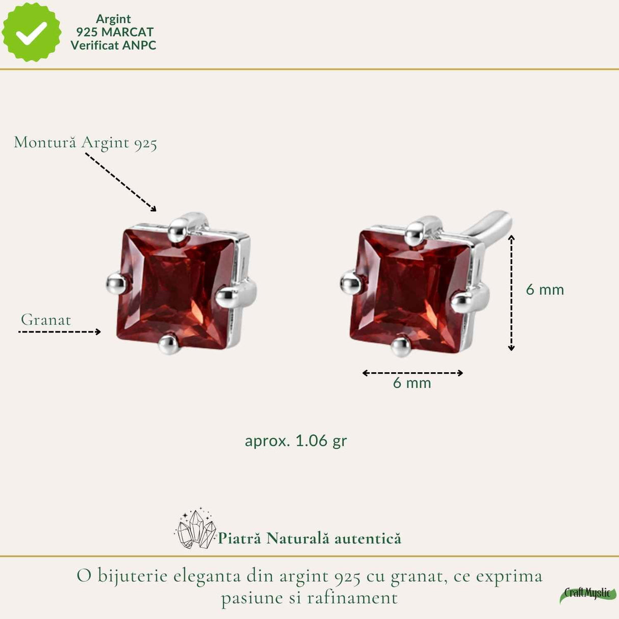 Cercei Argint 925 cu Granat fatetat Patrat – Energie, Pasiune si Incredere